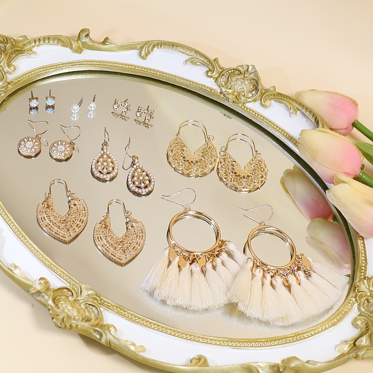 8 Pairs Women Stud Earrings Set Water Drop Round U Shape Tassel Bow Pearl Rhines